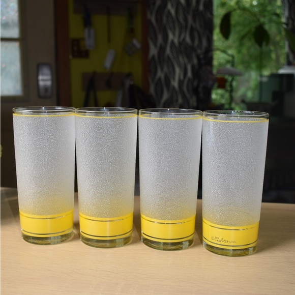 MCM Culver Signed Yellow Banded Frosted Glassware - Picture 1 of 7